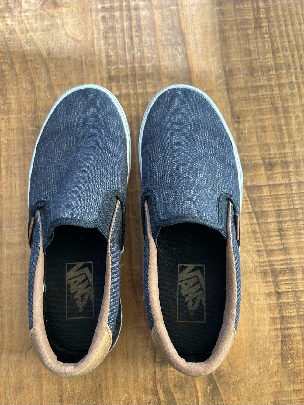 Vans Slip-On Sneakers in Navy and Brown Trim